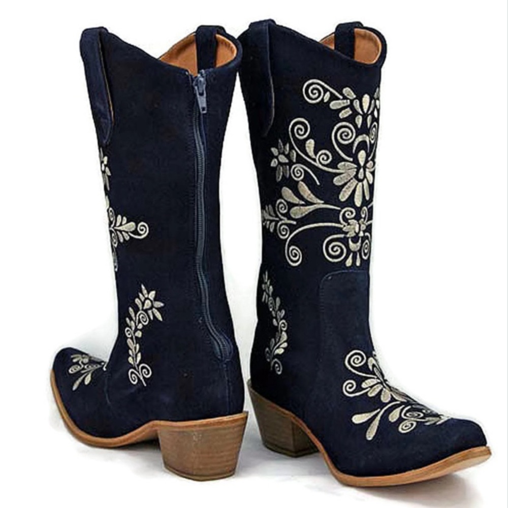 Agave Sky Jasmine Cowgirl Blue Grey w/Cream Stitch Mid-Calf Suede Boot Size 8.5